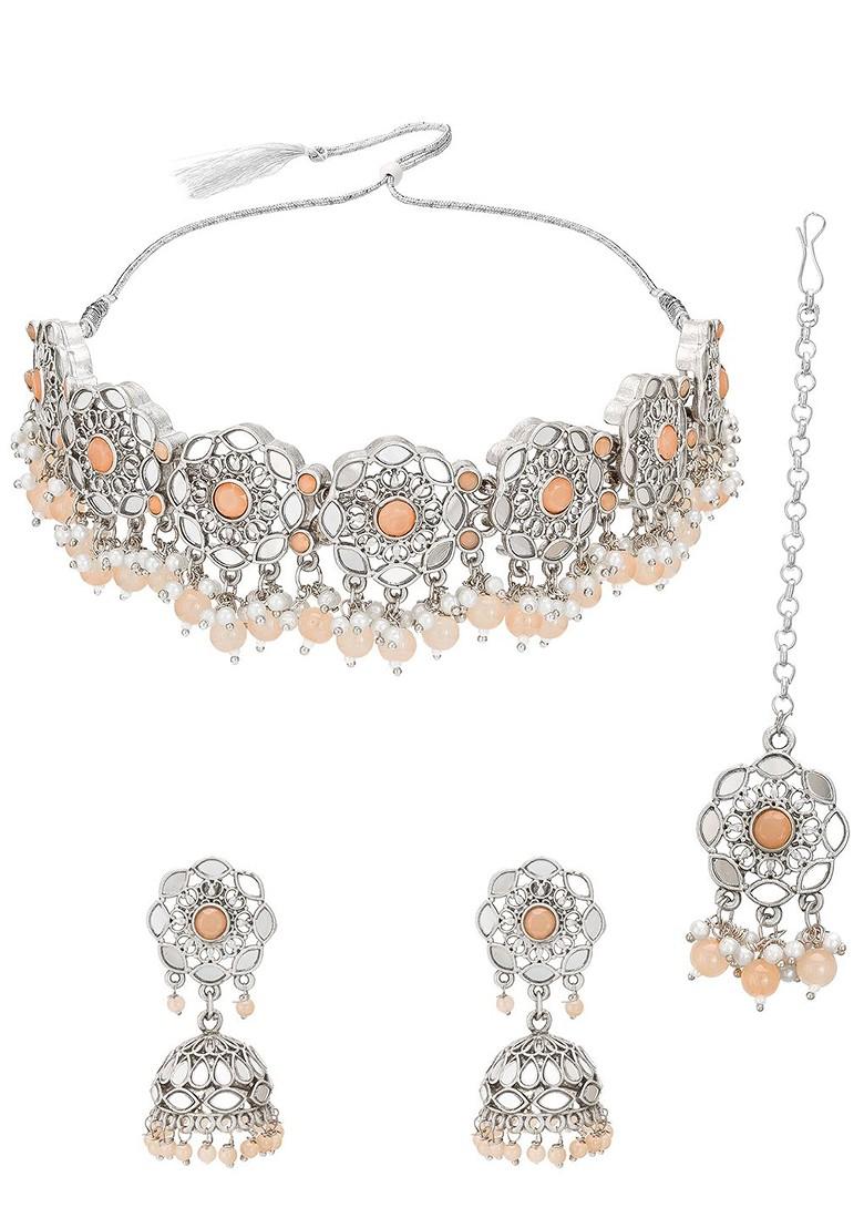 Silver Silver Toned And Beige Stone Studded And Pearl Beaded Handcrafted Jewellery Set
