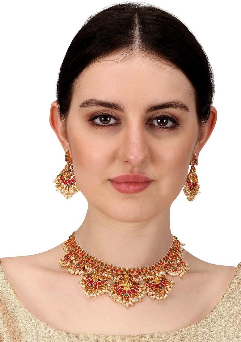 Pink And Green Toned Gold Plated Stone Studded Handcrafted Necklace With Earrings