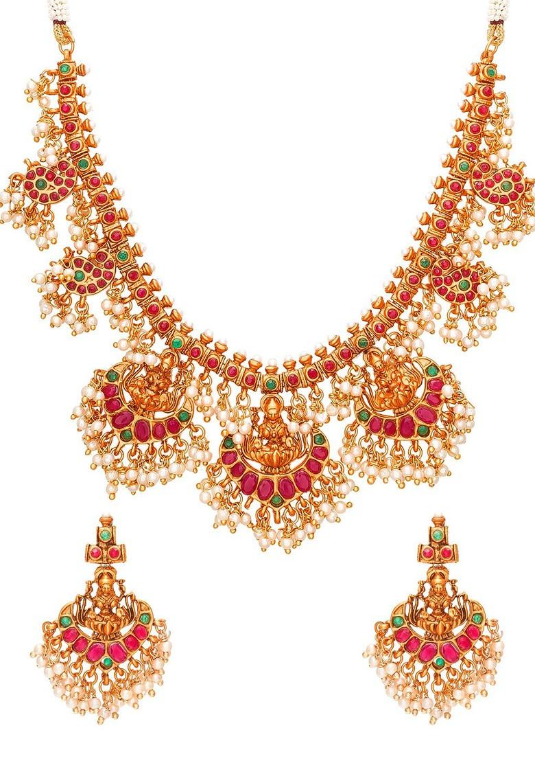 Pink And Green Toned Gold Plated Stone Studded Handcrafted Necklace With Earrings
