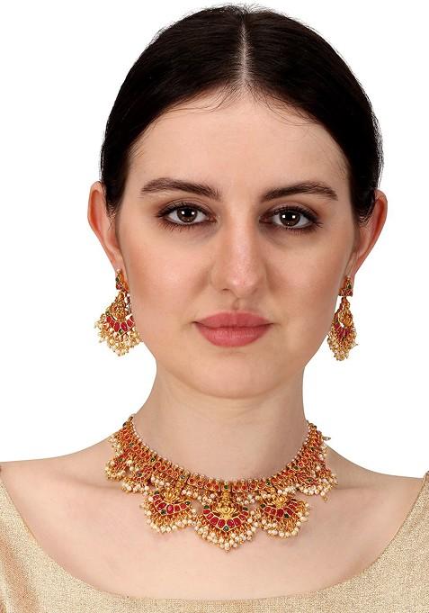Pink And Green Toned Gold Plated Stone Studded Handcrafted Necklace With Earrings