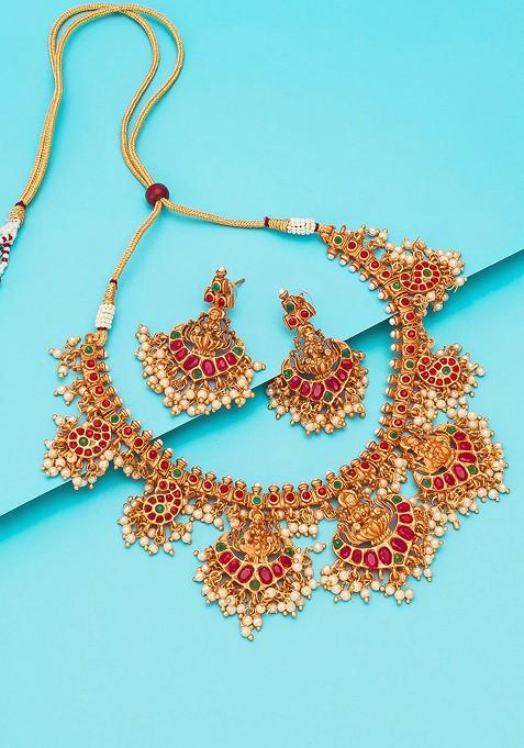 Pink And Green Toned Gold Plated Stone Studded Handcrafted Necklace With Earrings