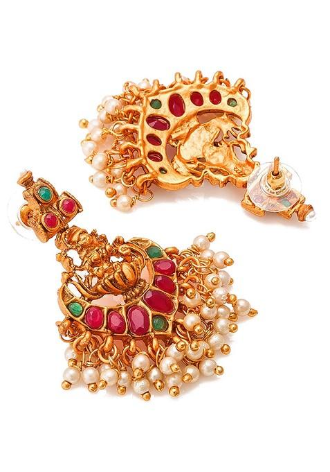 Pink And Green Toned Gold Plated Stone Studded Handcrafted Necklace With Earrings