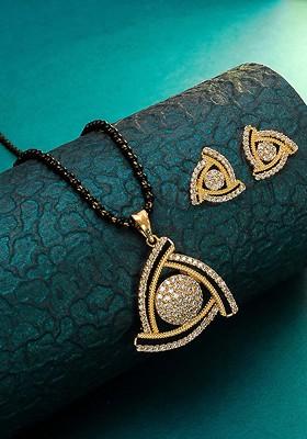 Gold And Black American Diamond Mangalsutra With Earrings