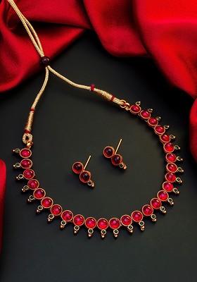 Gold Plated Pink And Green Stone Studded Beaded Choker Set