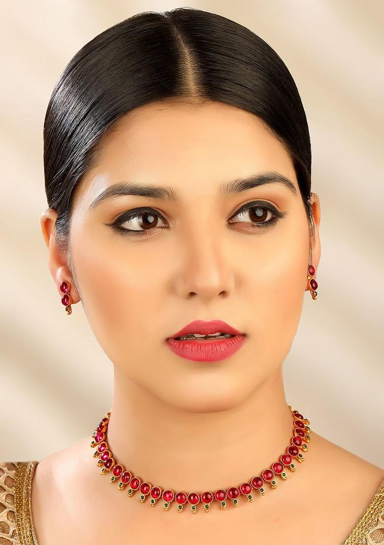 Gold Plated Pink And Green Stone Studded Beaded Choker Set