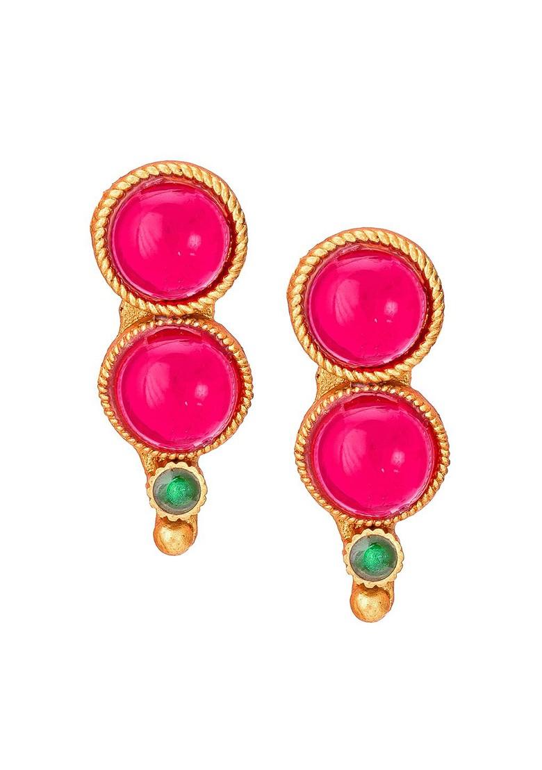 Gold Plated Pink And Green Stone Studded Beaded Choker Set