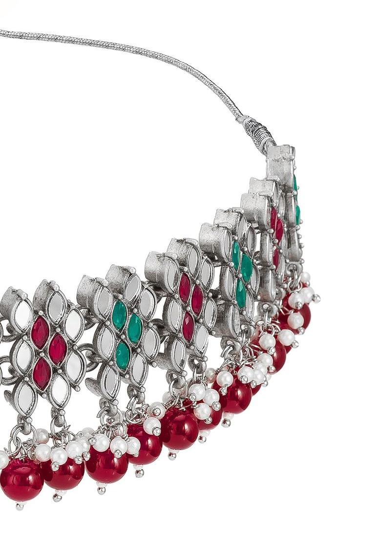 Silver Silver And Maroon Stone Studded Handcrafted Jewellery Set