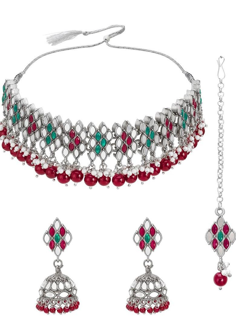 Silver Silver And Maroon Stone Studded Handcrafted Jewellery Set