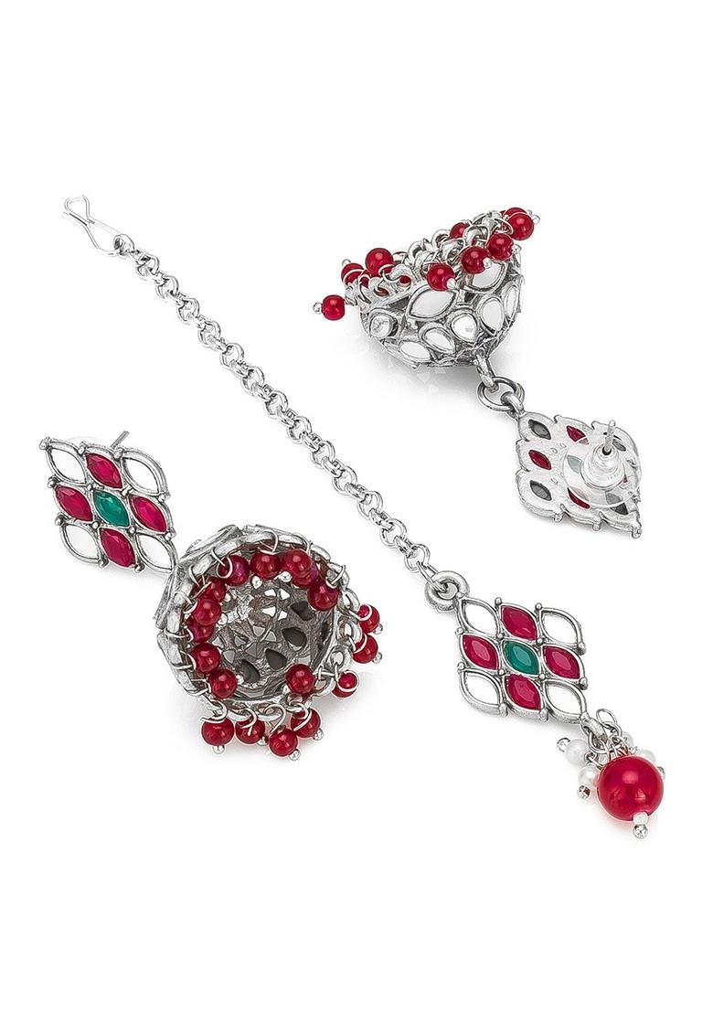 Silver Silver And Maroon Stone Studded Handcrafted Jewellery Set