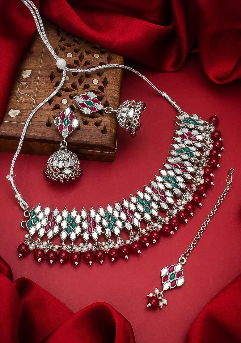 Silver Silver And Maroon Stone Studded Handcrafted Jewellery Set