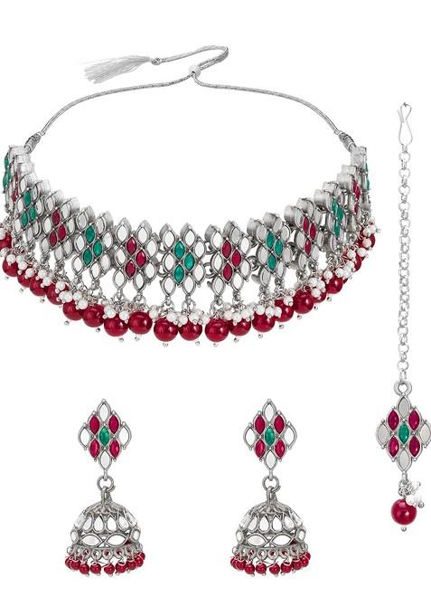 Silver Silver And Maroon Stone Studded Handcrafted Jewellery Set