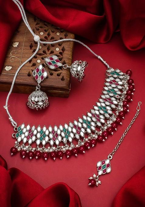 Silver Silver And Maroon Stone Studded Handcrafted Jewellery Set