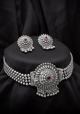 Silver Silver Plated Stone Studded Beaded Temple Jewellery Set