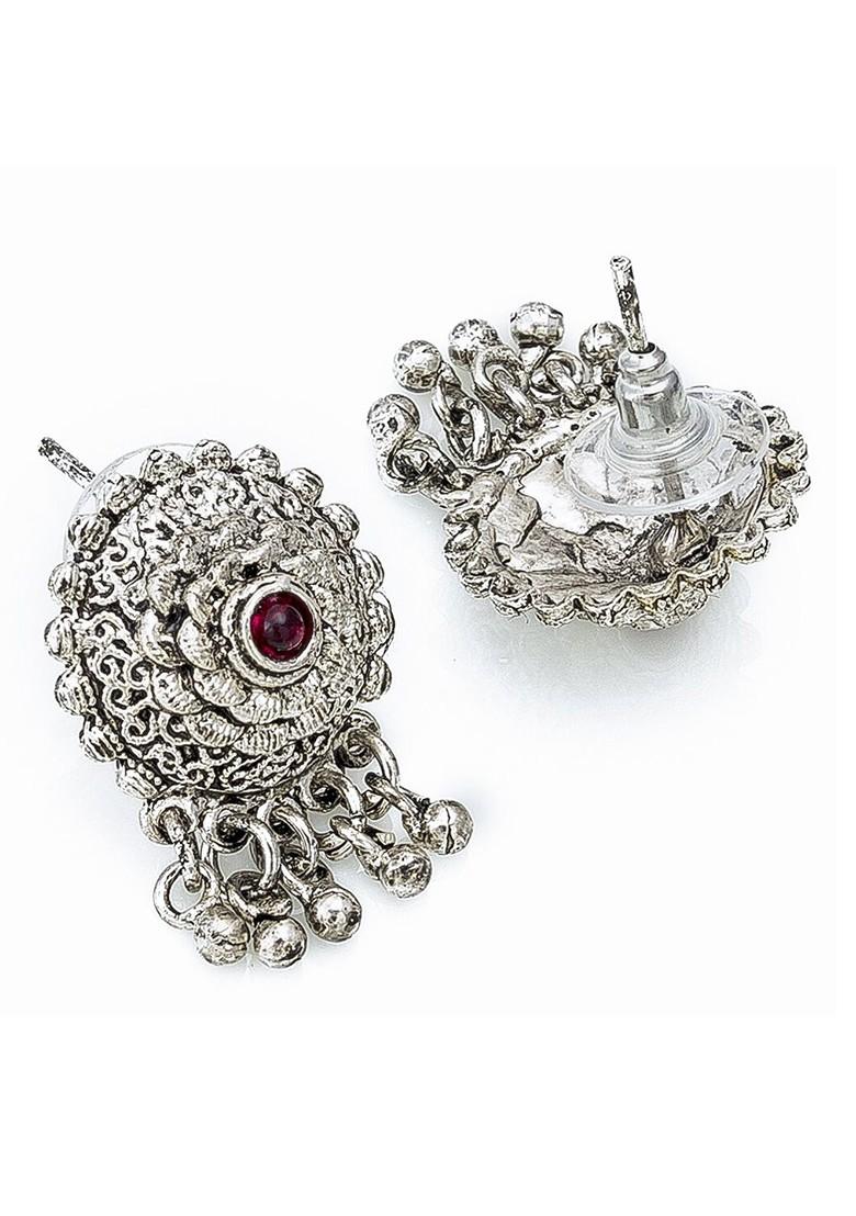 Silver Silver Plated Stone Studded Beaded Temple Jewellery Set