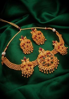 Gold Plated Pink And Green Stone Studded And Beaded Temple Jewellery Set