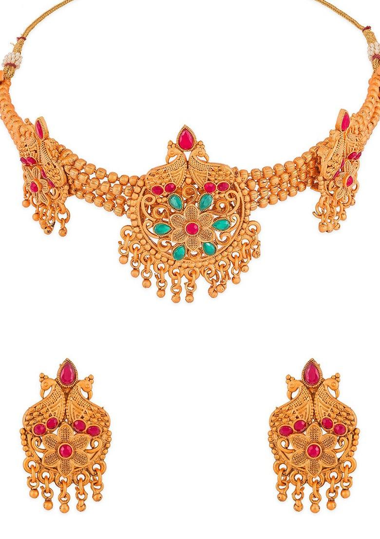 Gold Plated Pink And Green Stone Studded And Beaded Temple Jewellery Set