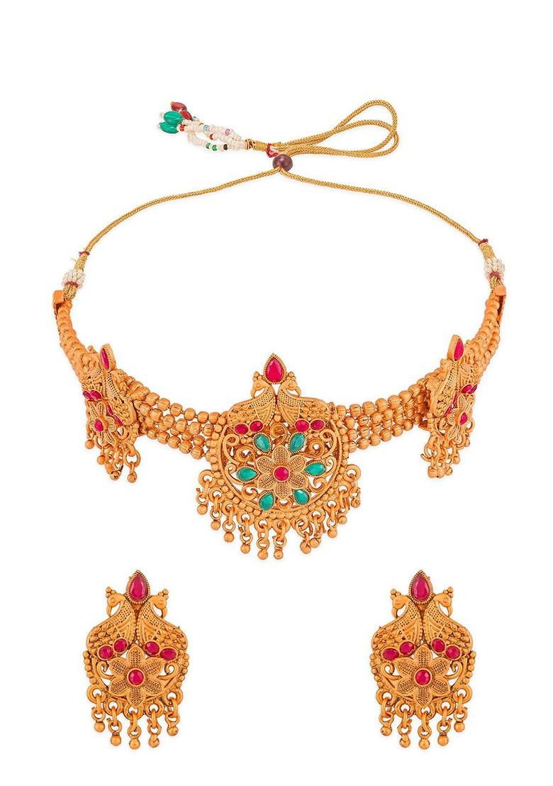 Gold Plated Pink And Green Stone Studded And Beaded Temple Jewellery Set