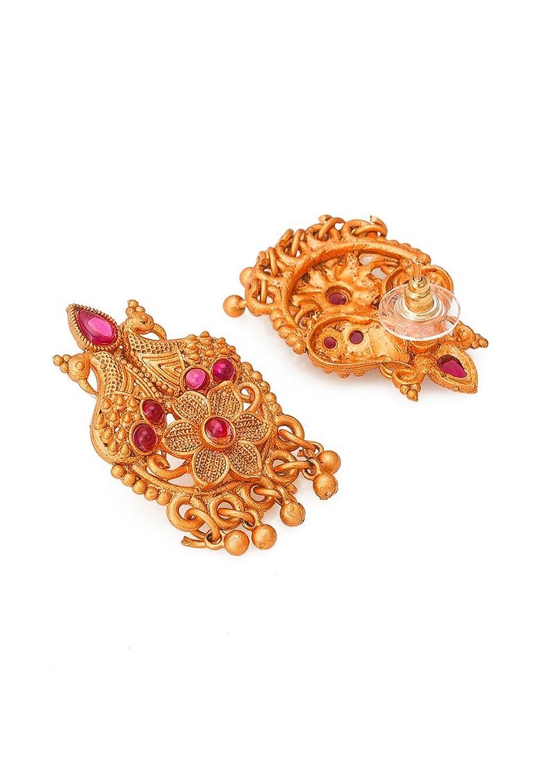 Gold Plated Pink And Green Stone Studded And Beaded Temple Jewellery Set