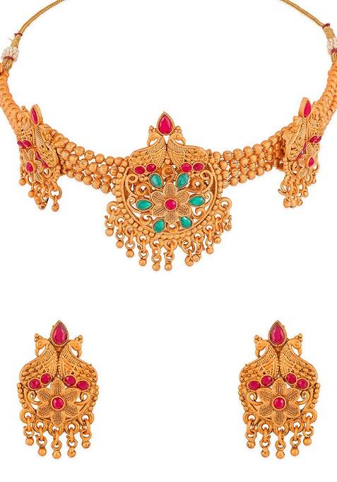 Gold Plated Pink And Green Stone Studded And Beaded Temple Jewellery Set