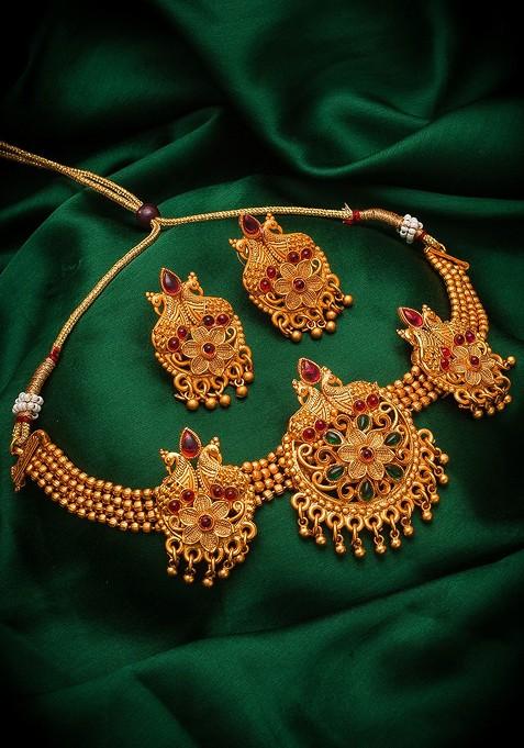 Gold Plated Pink And Green Stone Studded And Beaded Temple Jewellery Set