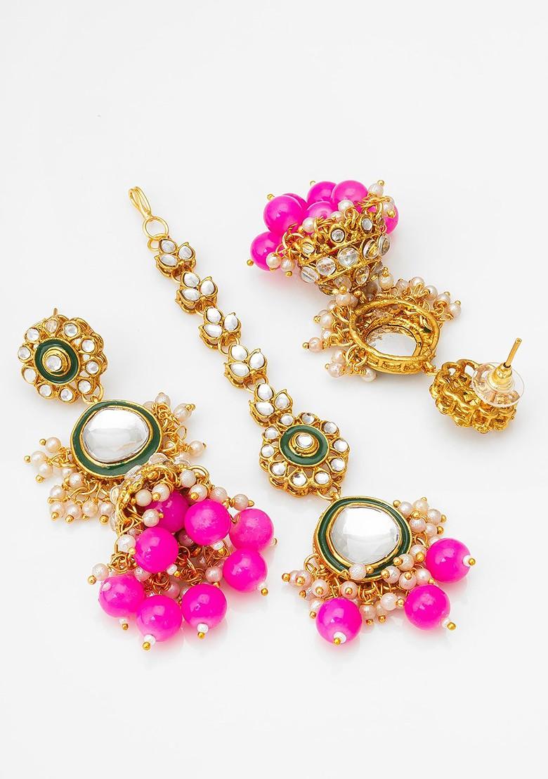 Gold Plated Kundan Studded And Beaded Jewellery Set