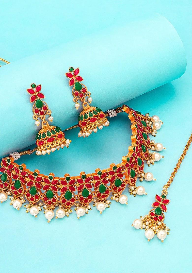 Gold Plated Red And Green Stone Studded And White Beaded Temple Jewellery Set
