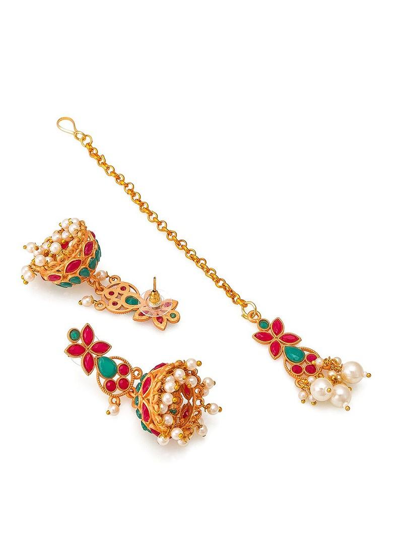 Gold Plated Red And Green Stone Studded And White Beaded Temple Jewellery Set