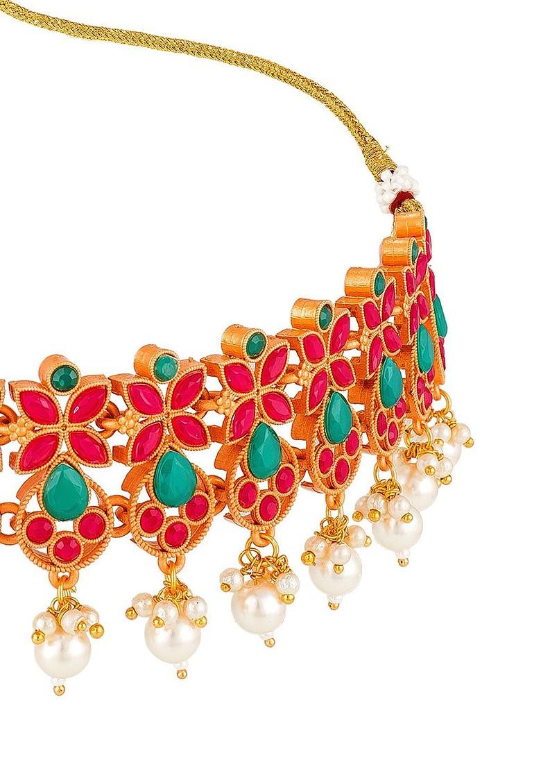 Gold Plated Red And Green Stone Studded And White Beaded Temple Jewellery Set