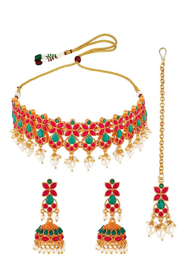 Gold Plated Red And Green Stone Studded And White Beaded Temple Jewellery Set