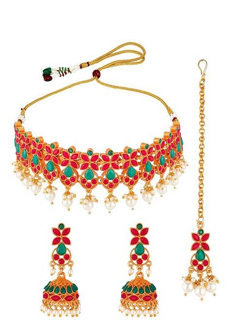 Gold Plated Red And Green Stone Studded And White Beaded Temple Jewellery Set
