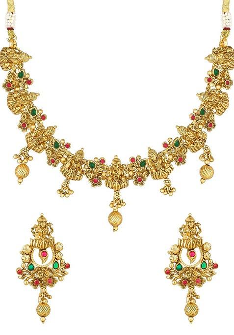 Stones Studded And Beads Beaded Temple Jewellery Set