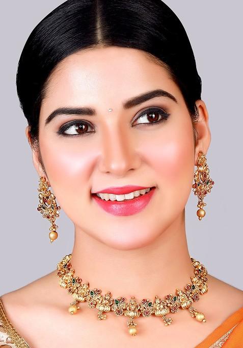 Stones Studded And Beads Beaded Temple Jewellery Set