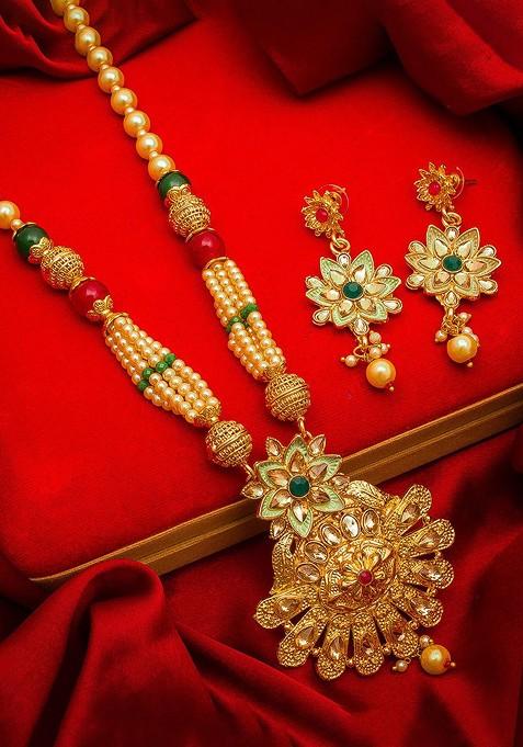 Gold Plated And Green Kundan Studded And Pearl Beaded Jewellery Set