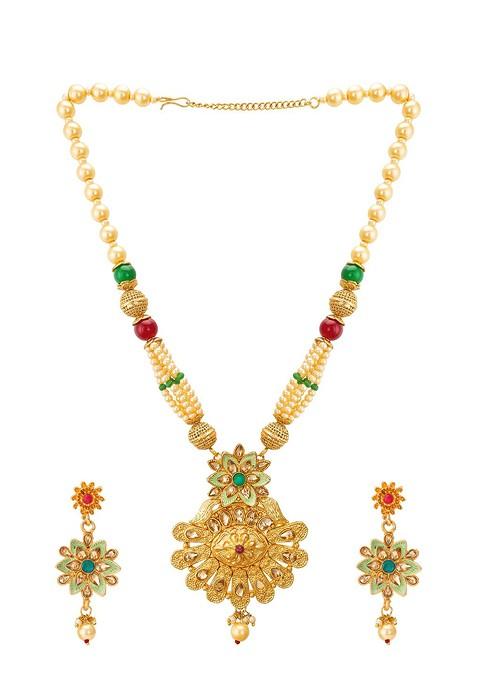 Gold Plated And Green Kundan Studded And Pearl Beaded Jewellery Set
