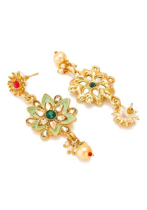 Gold Plated And Green Kundan Studded And Pearl Beaded Jewellery Set