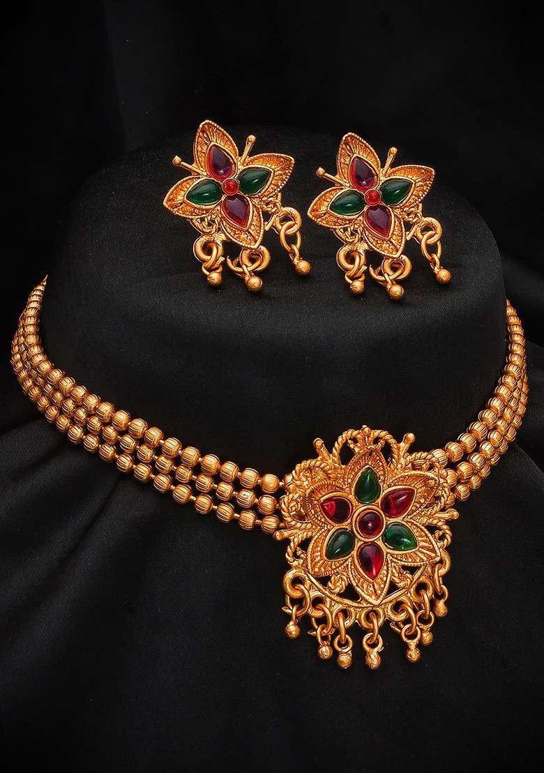 Gold Plated Red And Green Stone Studded And Beaded Jewellery Set - Indya