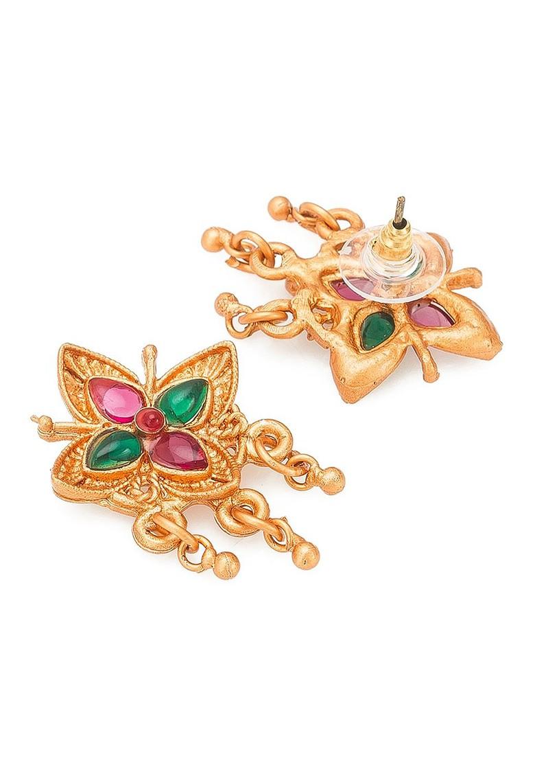 Gold Plated Red And Green Stone Studded And Beaded Jewellery Set