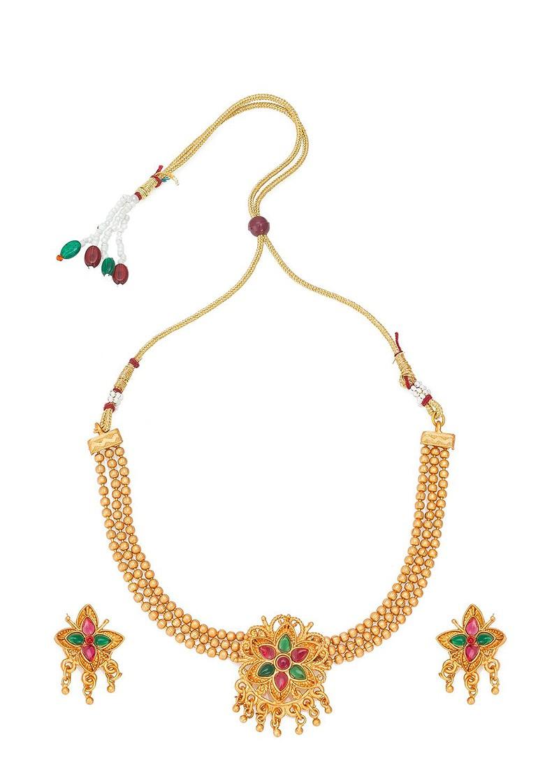 Gold Plated Red And Green Stone Studded And Beaded Jewellery Set