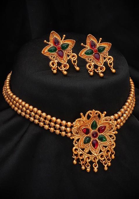 Gold Plated Red And Green Stone Studded And Beaded Jewellery Set