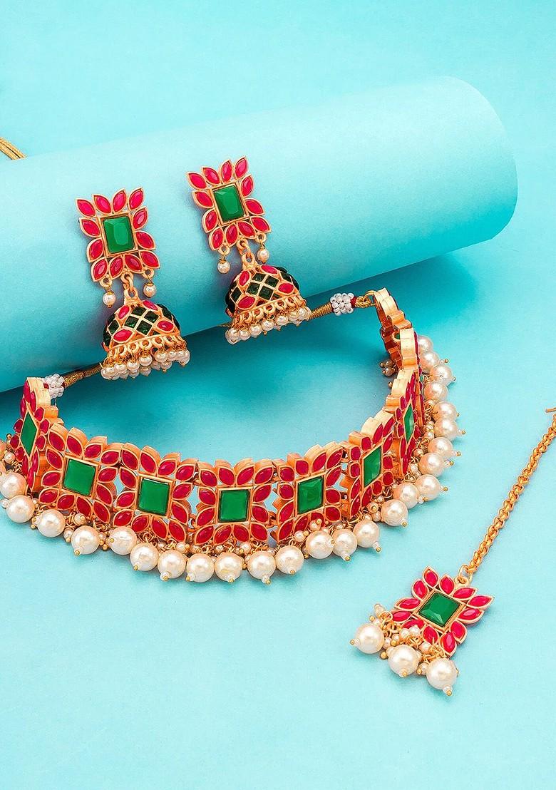 Gold Plated Pink And Green Stone Studded And Beaded Temple Jewellery Set