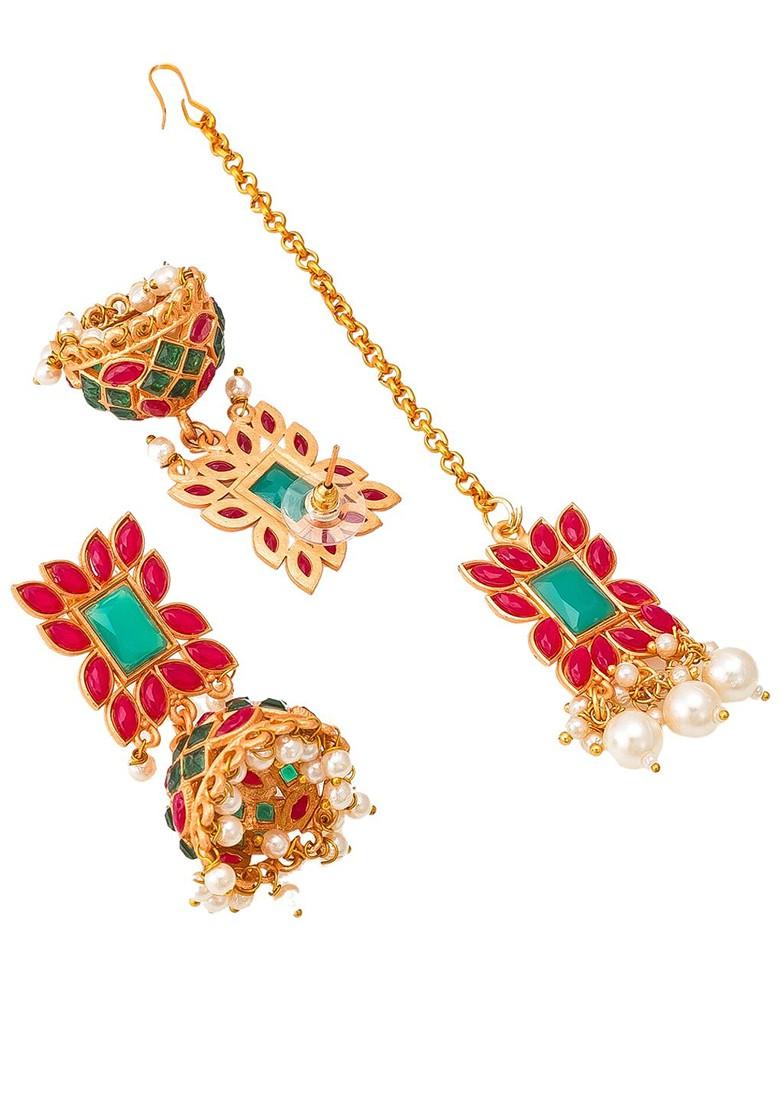 Gold Plated Pink And Green Stone Studded And Beaded Temple Jewellery Set