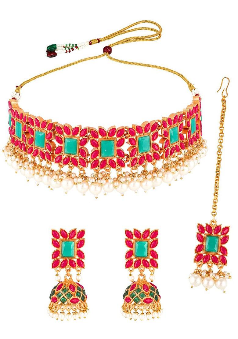 Gold Plated Pink And Green Stone Studded And Beaded Temple Jewellery Set