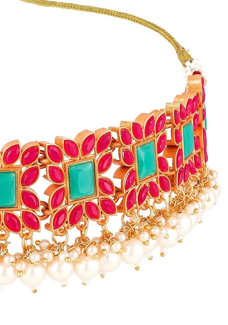 Gold Plated Pink And Green Stone Studded And Beaded Temple Jewellery Set