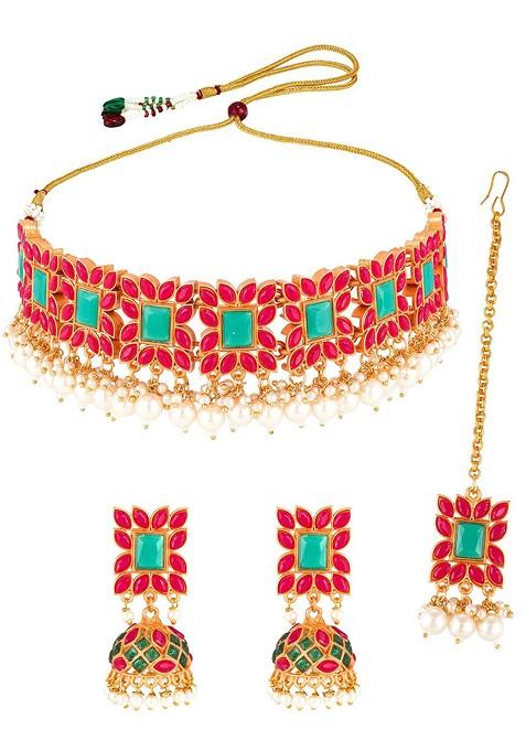 Gold Plated Pink And Green Stone Studded And Beaded Temple Jewellery Set