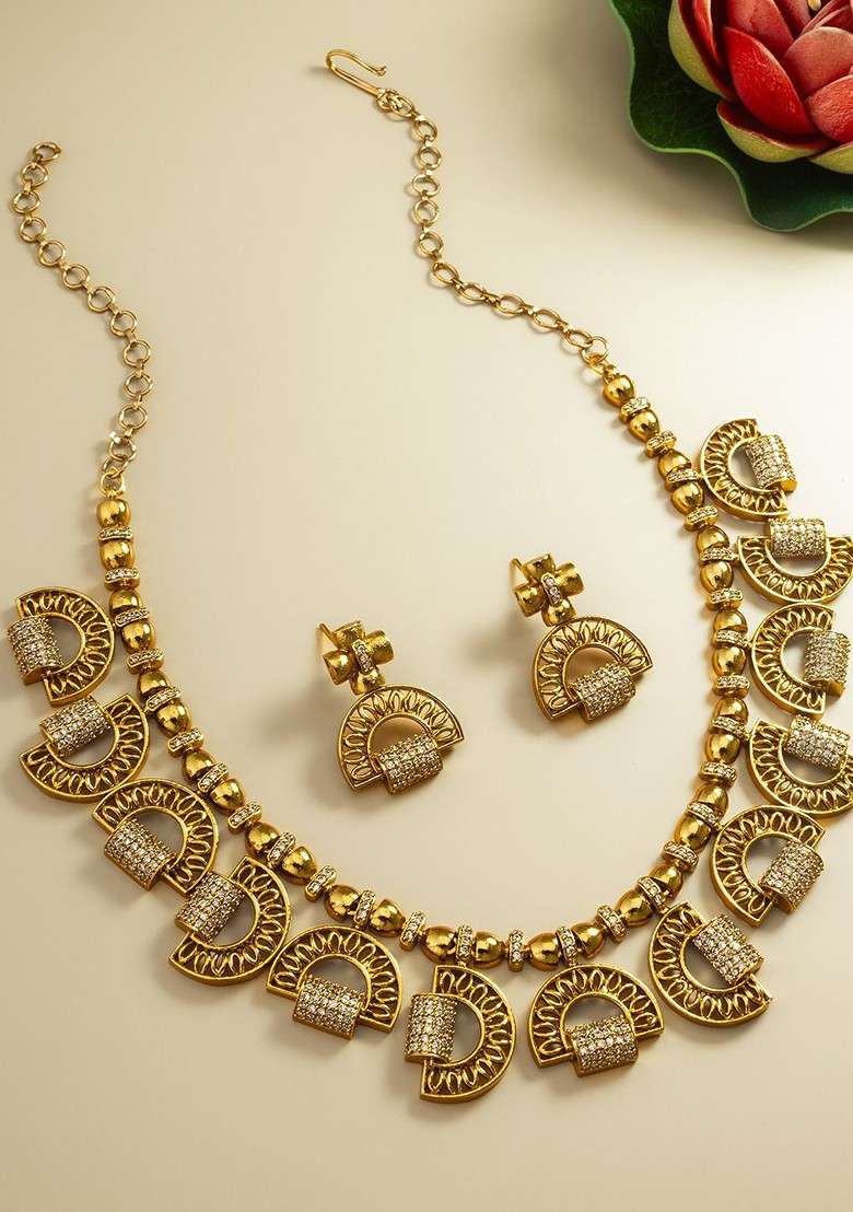 Gold Plated Stones Studded And Beaded Jewellery Set - Indya