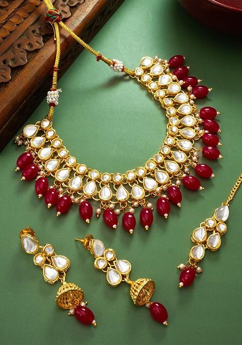 Gold Plated Stone Studded And Beaded Jewellery Set