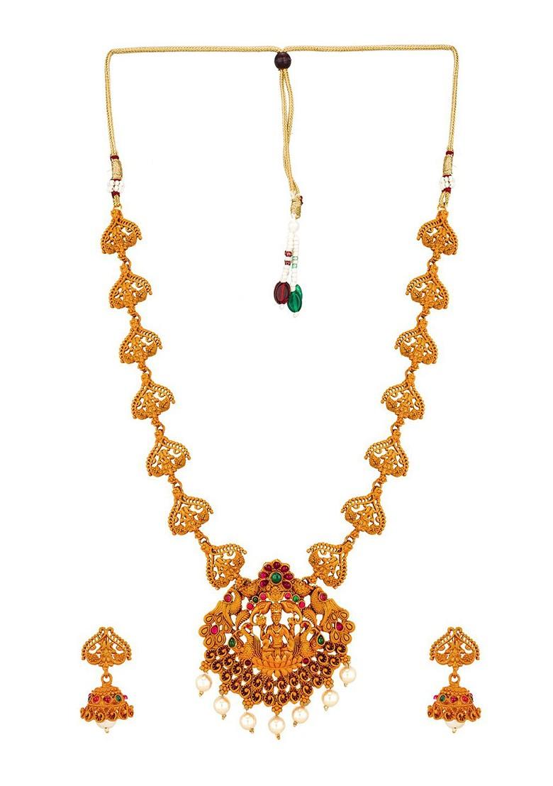 Gold Plated White And Green Stone Studded And Pearl Beaded Jewellery Set