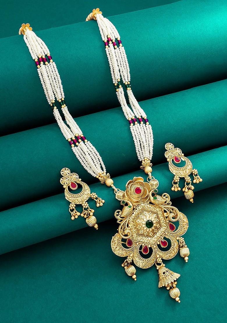 Women Gold Plated White Beaded Multistrand Pearl Studded Jewellery Set