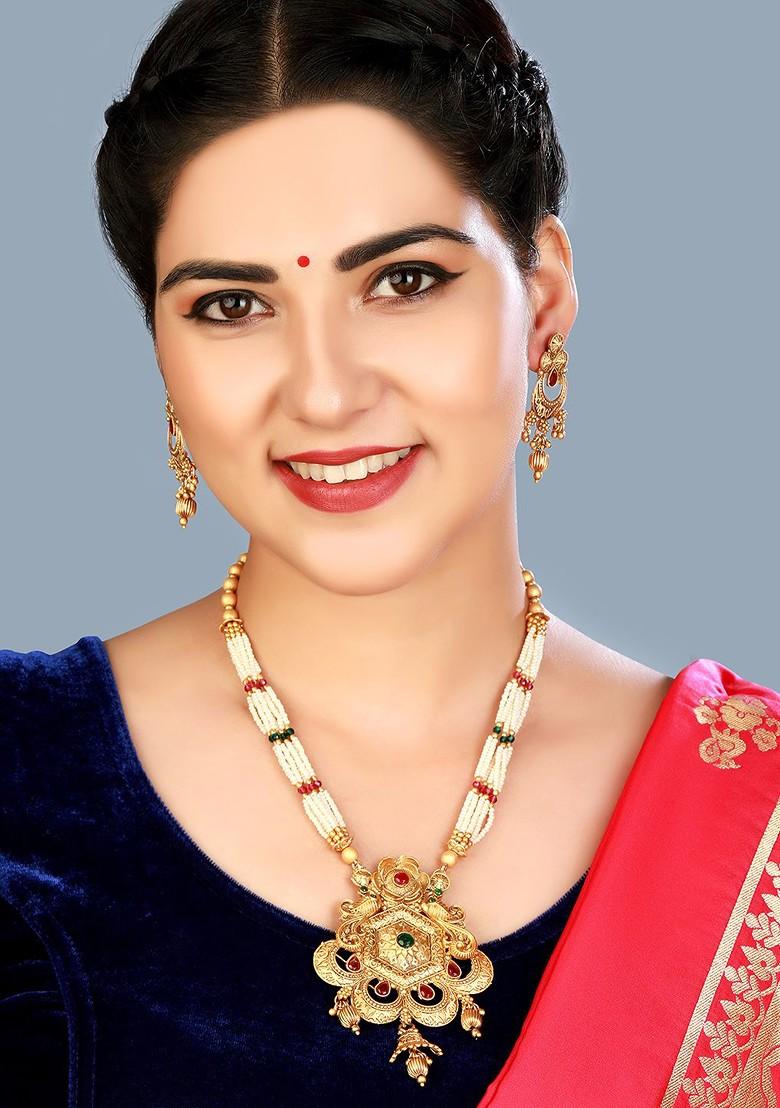 Women Gold Plated White Beaded Multistrand Pearl Studded Jewellery Set