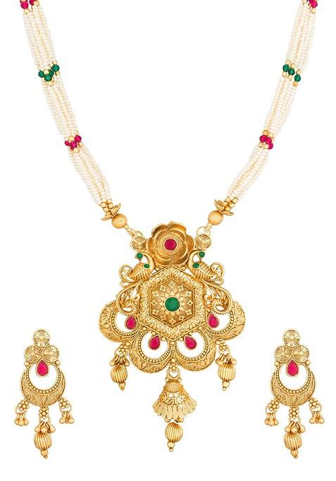 Women Gold Plated White Beaded Multistrand Pearl Studded Jewellery Set